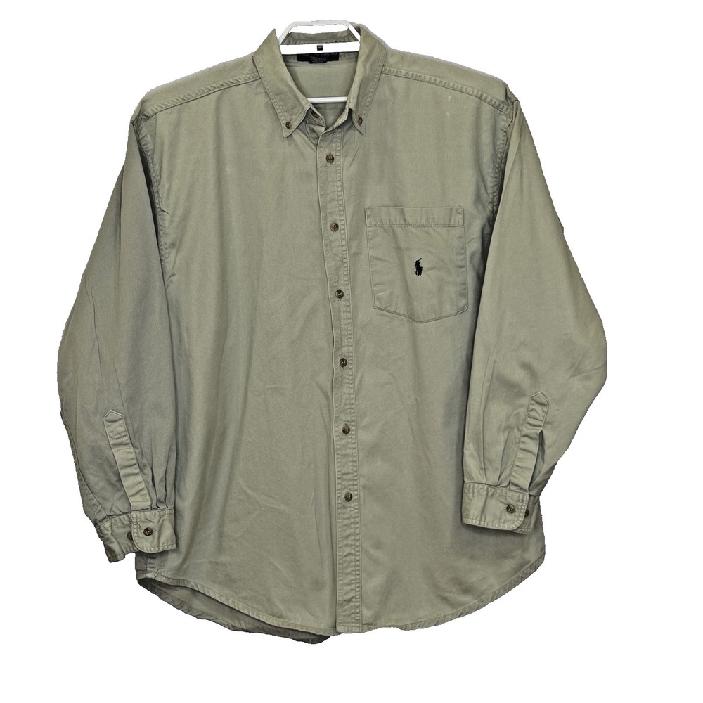 Ralph Lauren Button Down Shirt Mens Size XL Tan Long Sleeve Collared Logo Preppy